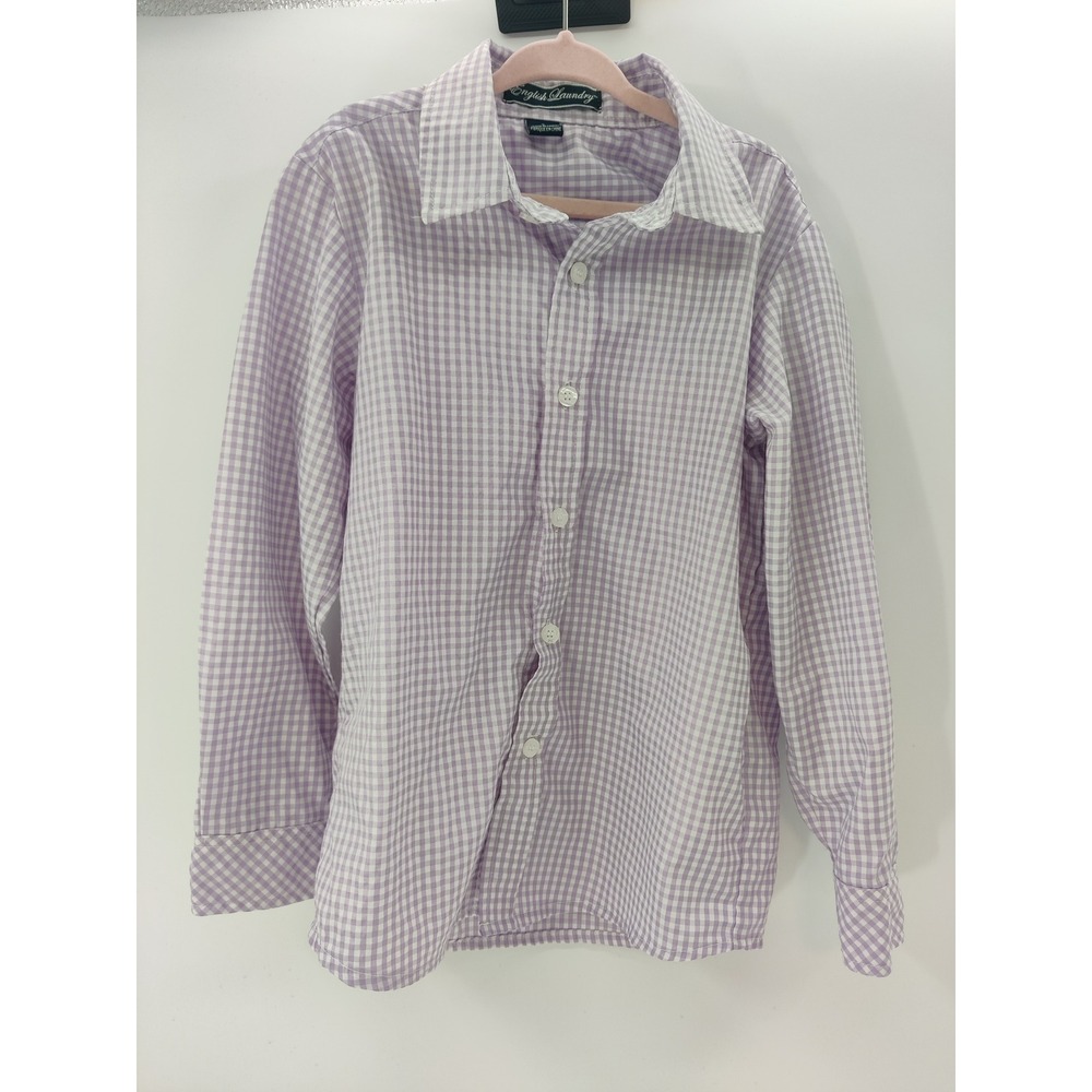 English Laundry Kids Purple White Gingham Button Down Dress‎ Shirt Size 7 Long